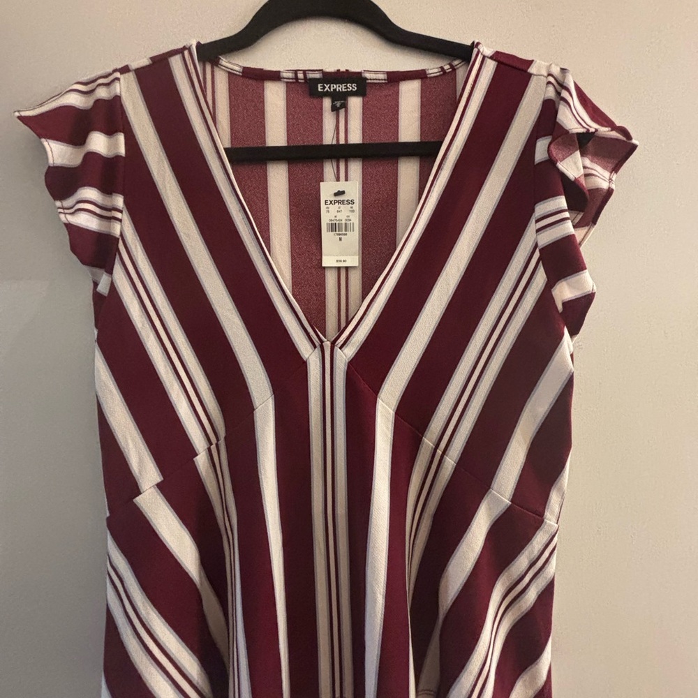 Express Women's V-Neck Blouse - Burgundy and White Stripes